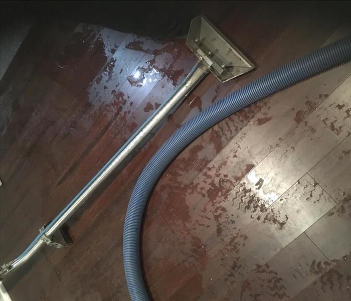 wand head, hose and water on floor planks