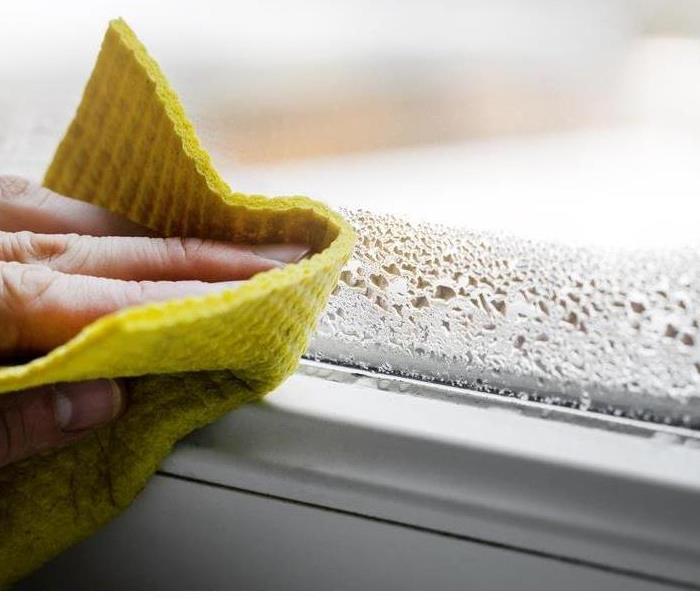 A woman uses a rag to wipe condensation off of a window