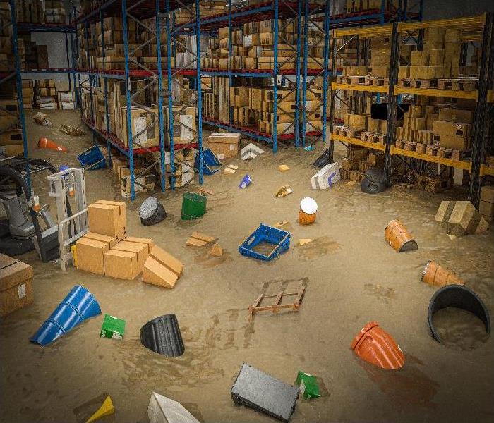 interior of a warehouse full of goods damaged by a flood of water and mud