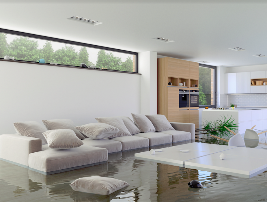 flooded living room with couch and table