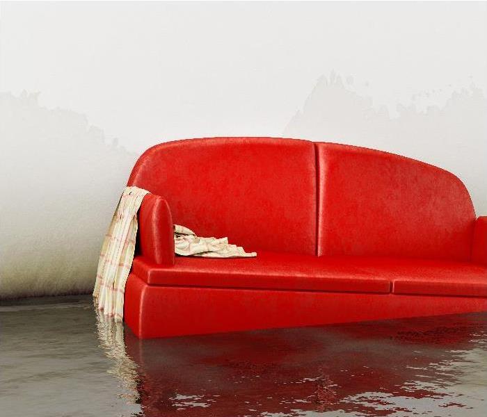 water damage red sofa
