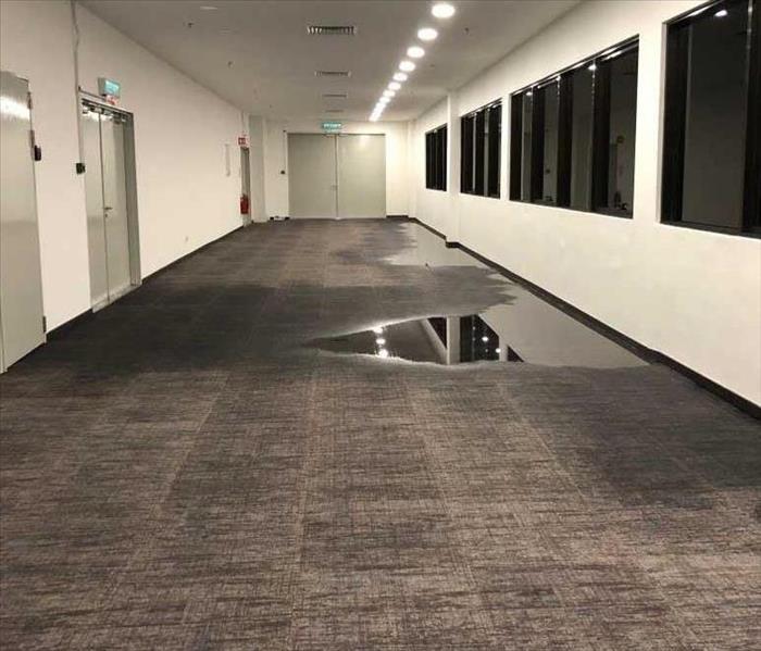 A building is flooded water is visible on the carpet